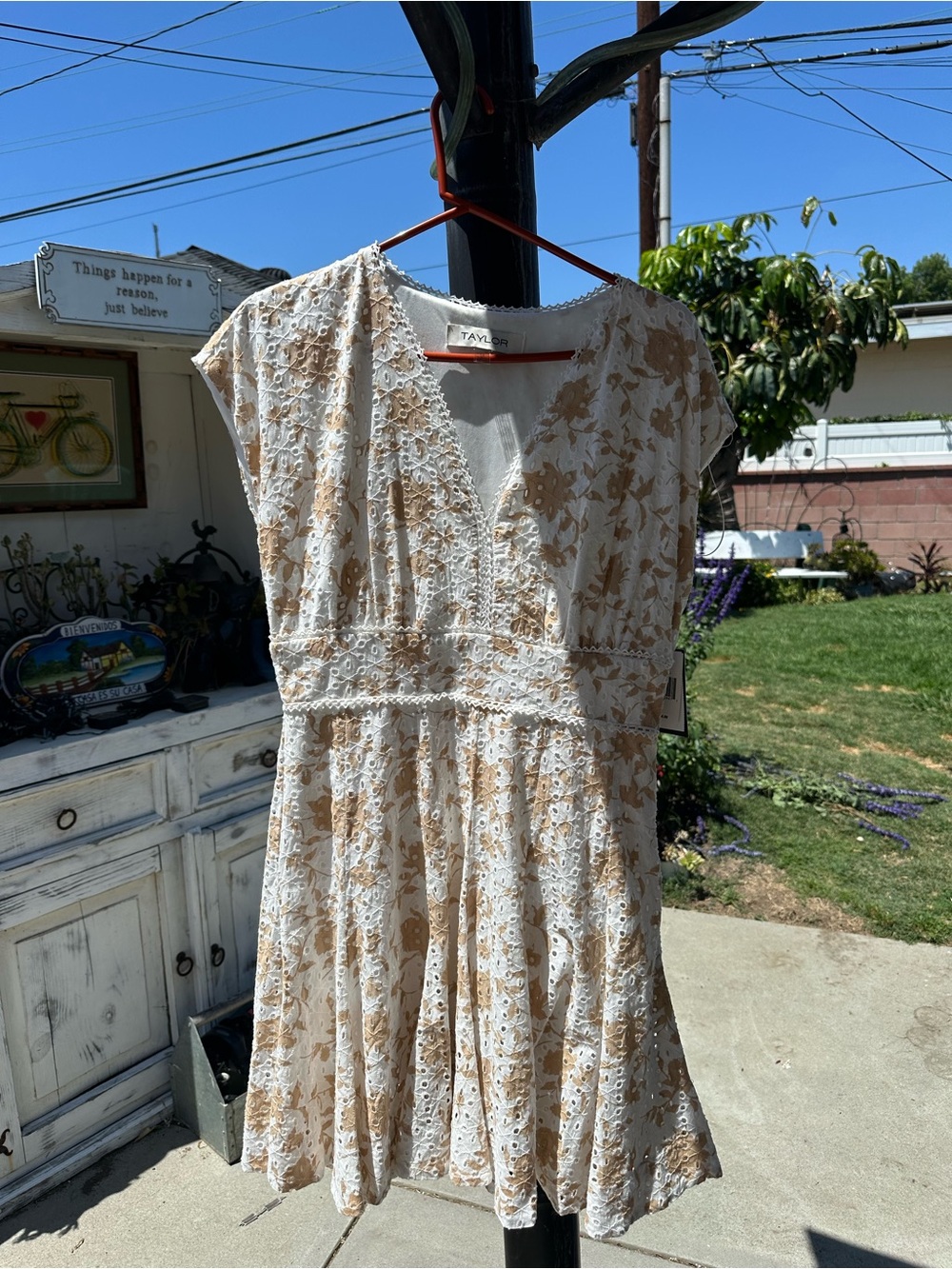 Taylor Beige and White Floral Eyelet Midi Dress